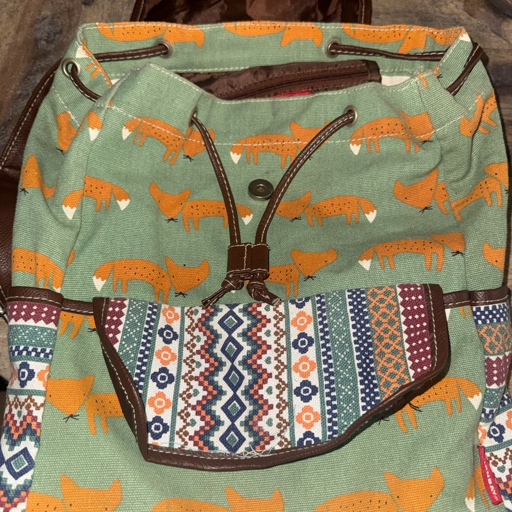 Stylish Union Bay Green and Brown Fox Print Backpack - Picture 4 of 9